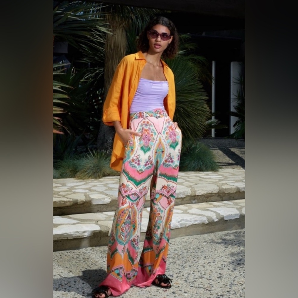 Zara Women's High Waist Floral Pants - Pink and Green